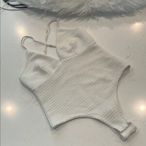 Missguided Off White White Ribbed Bodysuit - Small